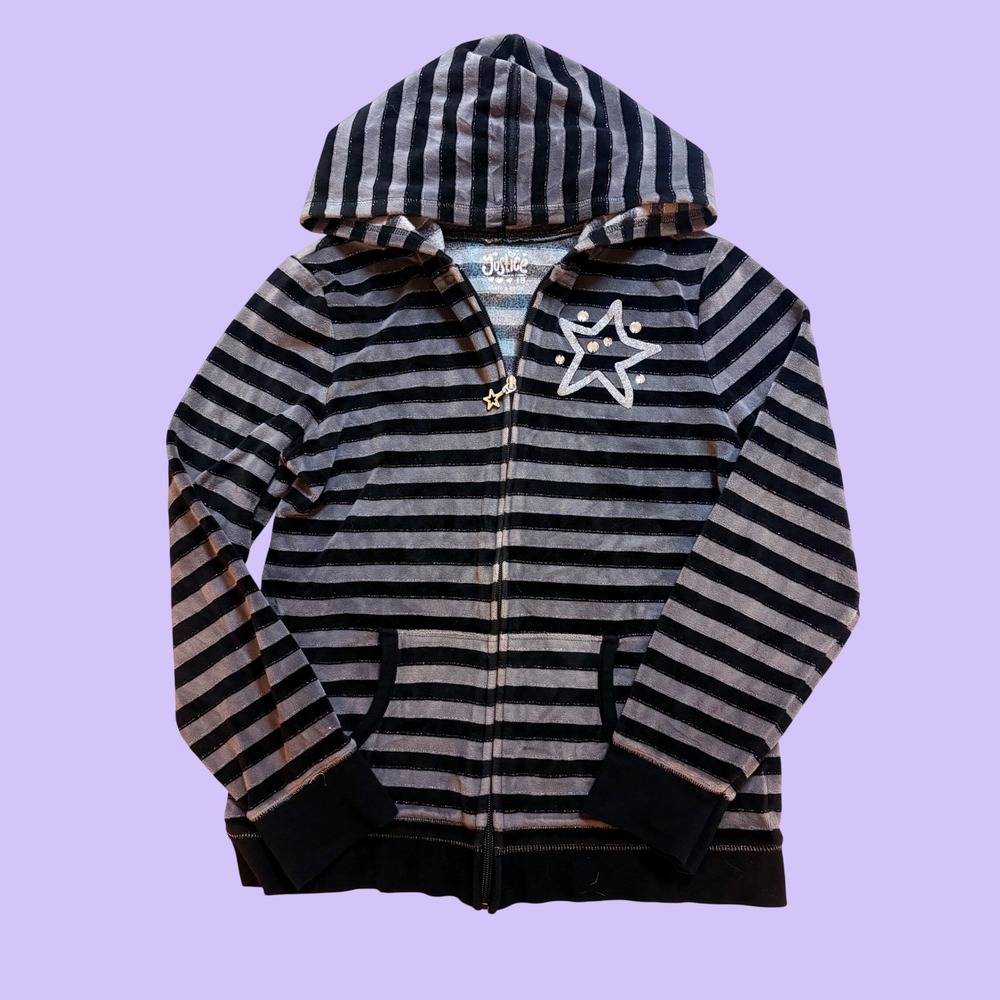 Y2K Justice Striped Zip Up Hoodie Star Rhinestone Velour Scene Emo #17